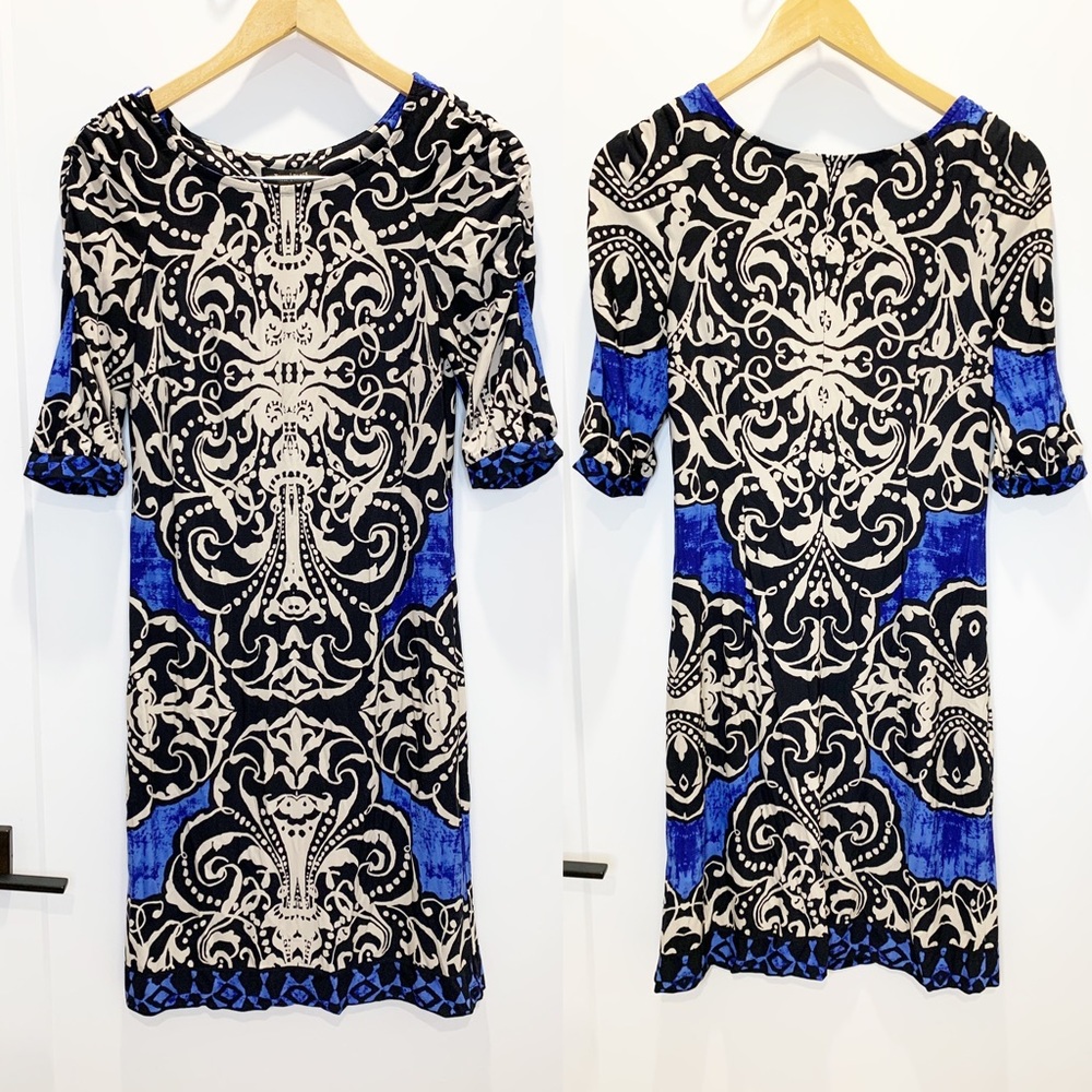 White House Black Market Blue Black & Cream Geometric Boat Neck 3/4 Sleeve Dress